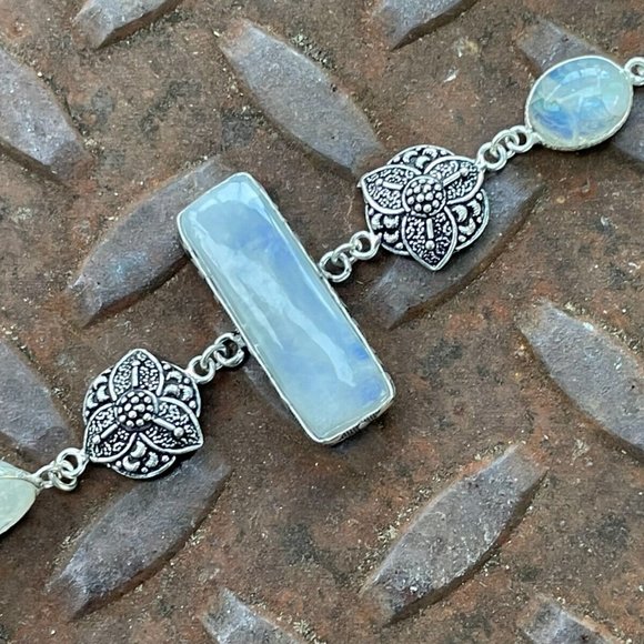 Women Handmade Bracelet Silver Tone Real Rainbow Moonstone Wrist Band Jewelry - Picture 8 of 12